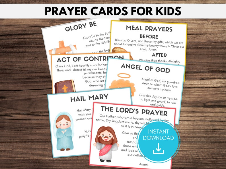 Catholic Prayer Cards for Kids, Children's Prayer Cards, Kids Hail Mary, Kids Our Father, Guardian Angel Prayer, Common Catholic Prayers image 1