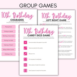 May include: Three printable party game sheets with pink text on a white background. The games include Charades, Left Right Game, and Candy Dice Game. The top of the image reads "GROUP GAMES".