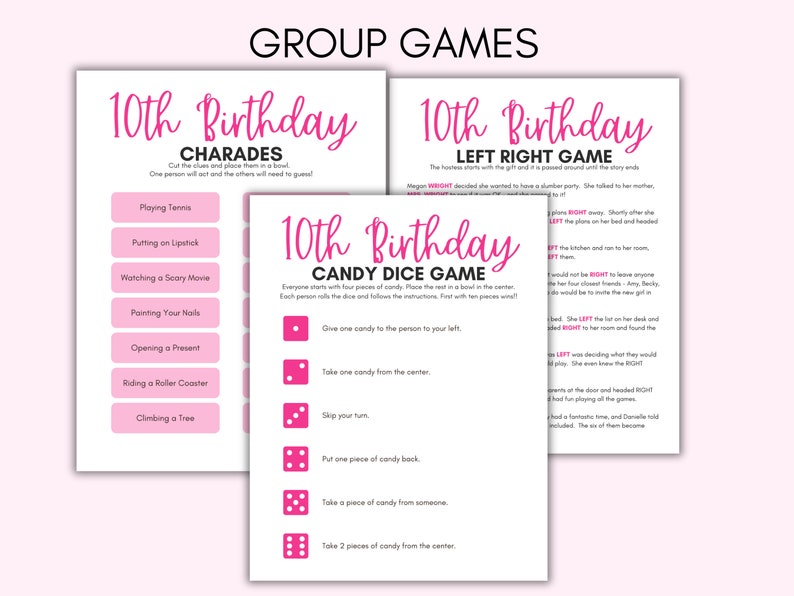 May include: Three printable party game sheets with pink text on a white background. The games include Charades, Left Right Game, and Candy Dice Game. The top of the image reads "GROUP GAMES".