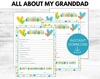 May include: A collection of printable "All About My Granddad" questionnaires with colorful heart and dot designs. The text includes prompts for filling in details about a grandfather, with "Instant Download" and "Happy Grandparents Day" text.