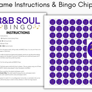 May include: Printed R&B Soul Bingo game instructions and bingo chips. The instructions are on a white sheet with the game title in purple and gold. The bingo chips are purple circles with gold musical notes.