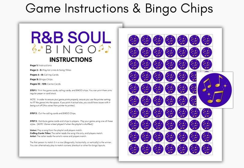 May include: Printed R&B Soul Bingo game instructions and bingo chips. The instructions are on a white sheet with the game title in purple and gold. The bingo chips are purple circles with gold musical notes.