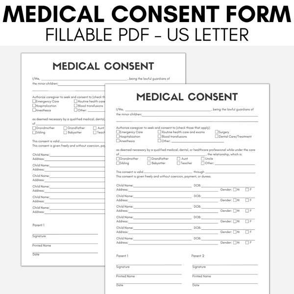 Child Medical Consent Form, In Case of Emergency, Childcare Planner, Babysitter Information,Printable Medical Consent, PDF, Caregiver