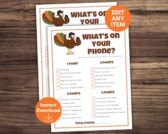 Bearbeitbares Thanksgiving, was ist auf Ihrem Handy-Spiel, druckbare Thanksgiving-Spiele, Spiele für Thanksgiving, Thanksgiving-Partyspiele