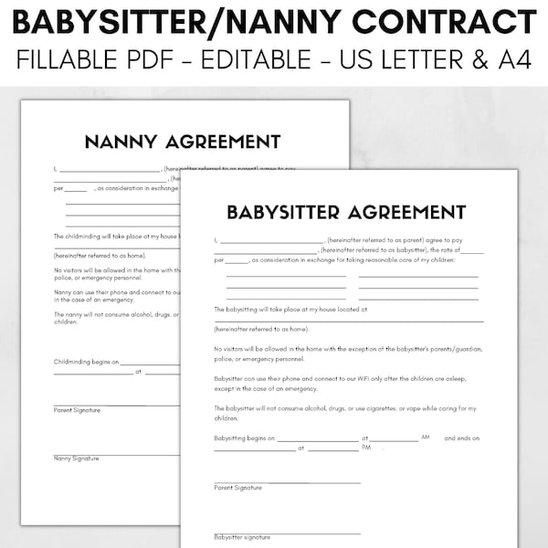 Babysitting Contract Template, Nanny Services Contract Agreement, BabySitter Agreement Form, Editable PDF File, Babysitter Binder Forms