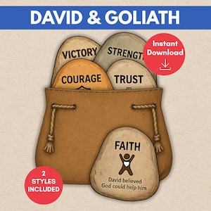 Könnte beinhalten: Ein brauner Beutel mit Kordelzug in Lederoptik enthält glatte Steine mit den Aufschriften VICTORY, STRENGTH, COURAGE und TRUST. Ein einzelner Stein davor zeigt das Wort FAITH, ein Strichmännchen-Symbol und den Text David believed God could help him.