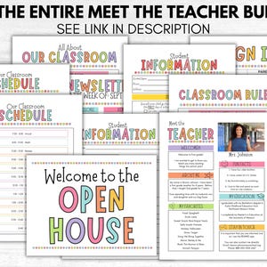 May include: A colorful printable pack for teachers to use at an open house event. The pack includes a welcome sign, classroom schedule, student information form, classroom rules, and a meet the teacher page.