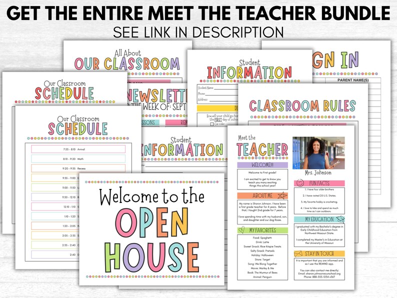 May include: A colorful printable pack for teachers to use at an open house event. The pack includes a welcome sign, classroom schedule, student information form, classroom rules, and a meet the teacher page.