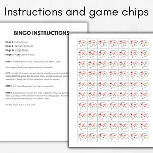 May include: A printable bingo game with instructions and game chips. The game cards feature a speech bubble with hearts in pink, red, and white. The instructions include steps for printing, cutting, and playing the game.