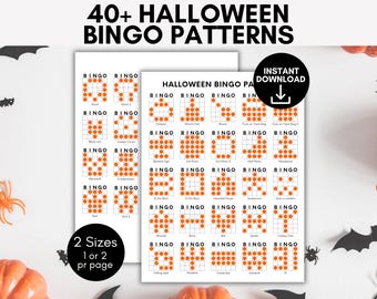 May include: Printable Halloween bingo cards with 40+ different patterns. The cards are black and white with orange circles for the bingo spaces. The text "INSTANT DOWNLOAD" is in a white box with a downward pointing arrow.