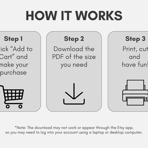 May include: A three-step guide on how to download and print a digital product. The steps are illustrated with icons of a shopping cart, a download arrow, and a printer. The text reads "Step 1: Click "Add to Cart" and make your purchase", "Step 2: Download the PDF of the size you need", and "Step 3: Print, cut and have fun!"