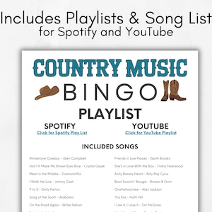 Puede incluir: Un gr&aacute;fico blanco y azul con el texto "Country Music Bingo Playlist" y una lista de canciones de m&uacute;sica country para las listas de reproducci&oacute;n de Spotify y YouTube. El gr&aacute;fico incluye un sombrero de vaquero y botas de vaquero.