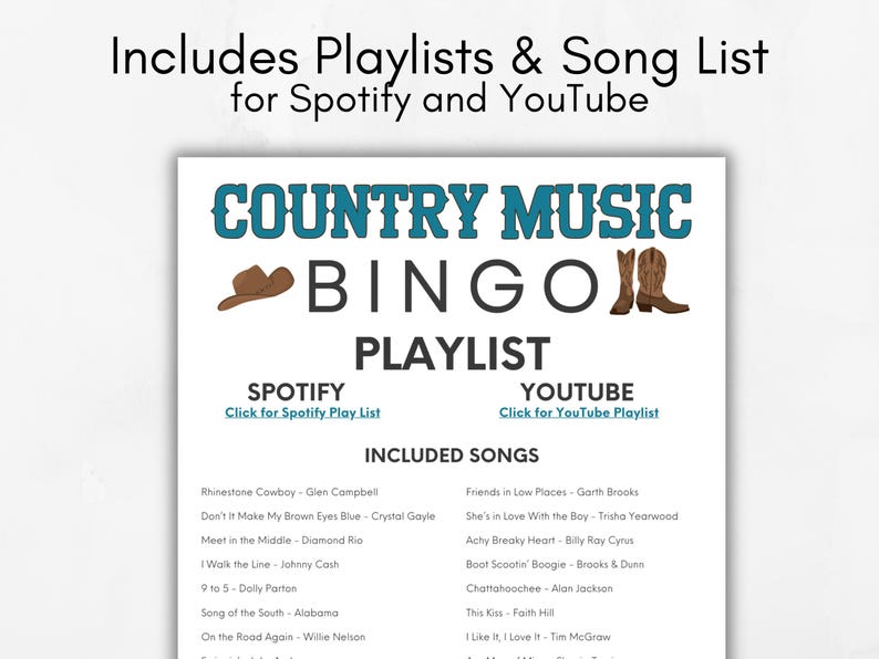 Puede incluir: Un gr&aacute;fico blanco y azul con el texto "Country Music Bingo Playlist" y una lista de canciones de m&uacute;sica country para las listas de reproducci&oacute;n de Spotify y YouTube. El gr&aacute;fico incluye un sombrero de vaquero y botas de vaquero.