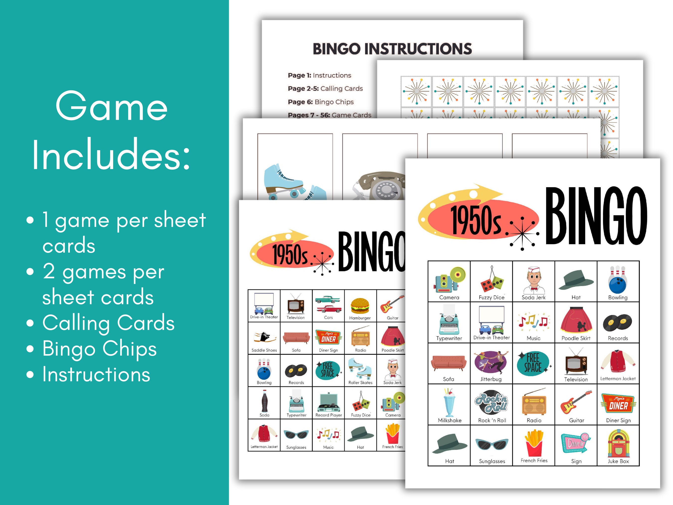 1950s Bingo, 50s Bingo, 50s Game, 1950s Bingo Cards, 50s Party Game ...