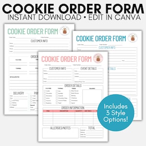 May include: Three printable cookie order forms with different layouts. Each form includes sections for customer information, order details, delivery, payment, and allergies/notes. The forms are designed with a pink and green color scheme and feature a pineapple logo.