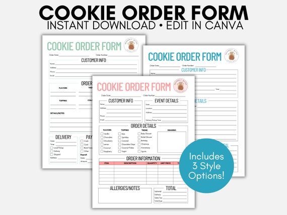 Cookie Order Form Template, Editable Canva Template, Bakery Form, Home Based Cookie Business, Bakery Small Business Custom Order Form