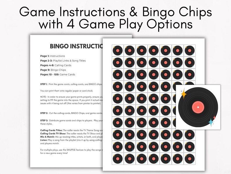 Może przedstawiać: Drukowany zestaw do gry w bingo z instrukcjami i żetonami do bingo. Gra zawiera instrukcje, linki do playlist, karty wywołań i karty do gry. Żetony do bingo są zaprojektowane tak, aby wyglądały jak płyty winylowe. Tekst na obrazku brzmi "Game Instructions & Bingo Chips with 4 Game Play Options."