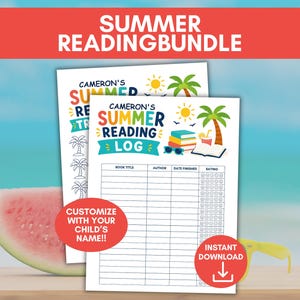 May include: A Summer Reading Bundle graphic with the text "Summer Reading Bundle" in red. The bundle includes a reading log with space for book titles, author, and ratings. A watermelon slice and sunglasses are also in the image.