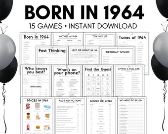 May include: A printable set of 15 games for a 1964-themed party. The games include "Born in 1964", "Movies of 1964", "Toy Mix Up", "Tunes of 1964", "Fast Thinking", "Left or Right in '64", "Birthday Wishes", "Who Knows You Best?", "What's on Your Phone?", "Find the Guest", "Living a Full Life", "Prices in 1964", "Fact or Fiction", "Before or After", and "No Need to Blush".