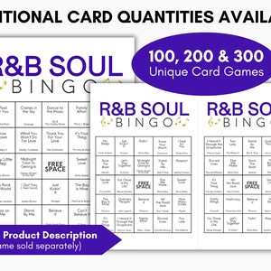 May include: Three R&B Soul Bingo game cards with song titles in a grid format. The cards are white with purple and gold text. The text "R&B SOUL BINGO" is at the top. The image also includes the text "100, 200 & 300 Unique Card Games."