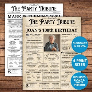 May include: A printable 100th birthday newspaper template with a vintage design. The template features a headline that says "Joan's 100th Birthday" and includes sections for news headlines, trends, popular baby names, popular dances, and more. The template is customizable in Canva and includes black and white versions.