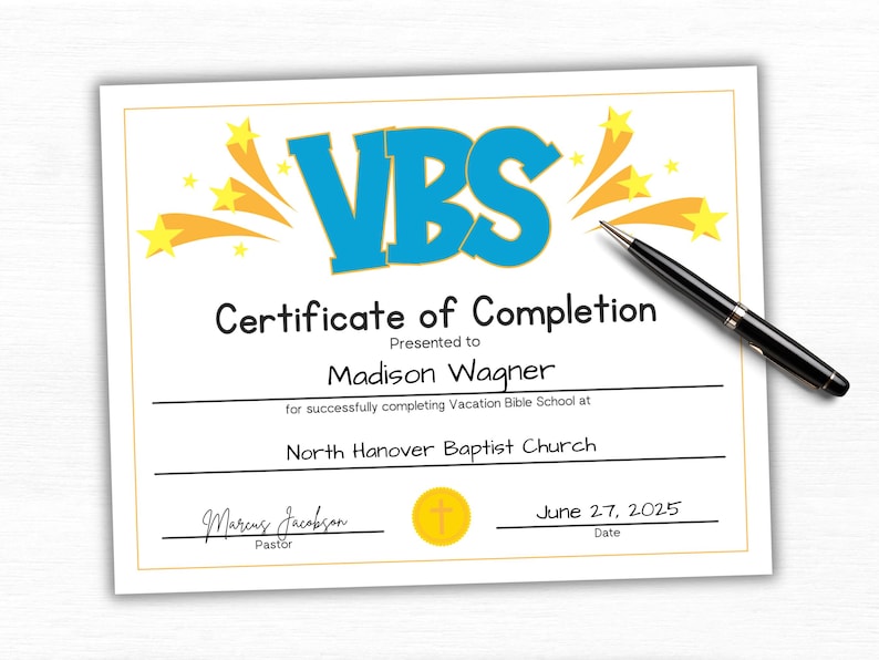 Vacation Bible School Ribbons For Graduation Vacation Bible School Certificate, Editable Award, VBS Completion Award ...