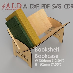 Op de afbeelding: Houten boekenplank met de woorden "BOOKS" gegraveerd op de voorkant. De boekenplank is 306 mm breed en 192 mm hoog.