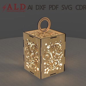 May include: A wooden lantern with a floral design and a handle. The lantern is lit from inside, casting a warm glow.