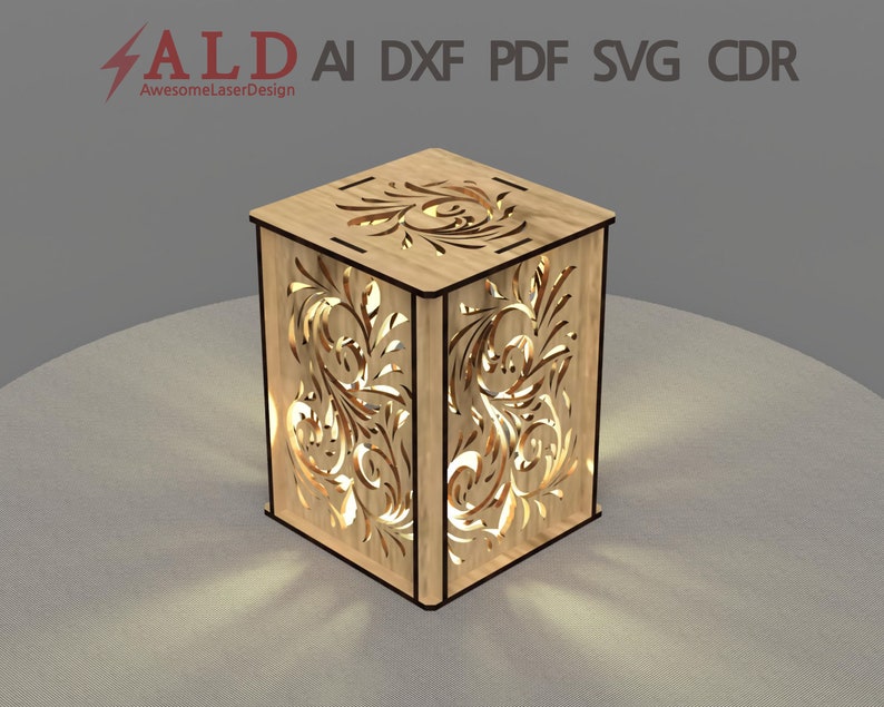 May include: A wooden lamp with a decorative floral design cut out. The lamp is lit and casting a warm glow.