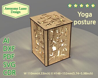 May include: A wooden box with a light inside, featuring a design of various yoga poses. The box is 4.33 inches wide and 5.74 to 5.98 inches tall. The text "Yoga posture" is written above the box.