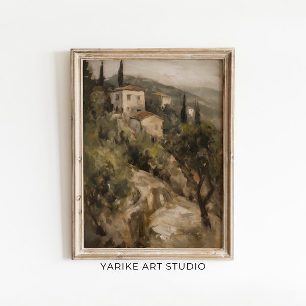 Italiaanse antieke landschapsschilderkunst | Vintage Italiaanse muurkunst | Rustiek boerderijdecor | Olieverfschilderij downloadbare print | YARIKE | 206-AI