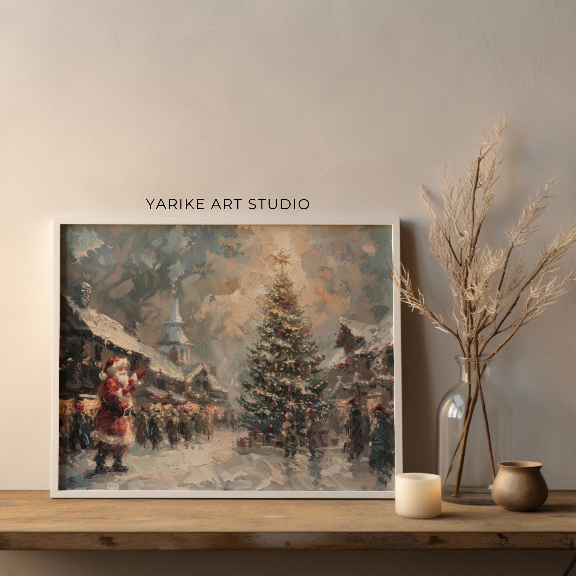 ヴィンテージサンタクロースのクリスマスツリーの絵画 | 冬の街並み