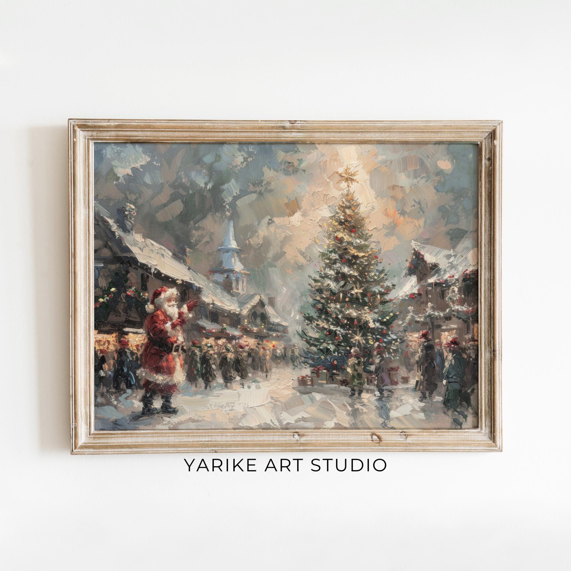 サンタとツリー　絵画 ヴィンテージサンタクロースのクリスマスツリーの絵画 | 冬の街並み