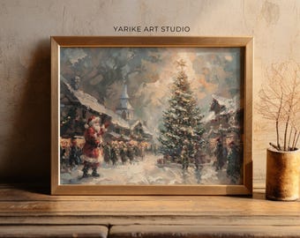 ヴィンテージサンタクロースのクリスマスツリーの絵画 | 冬の街並み