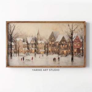 Vintage Winter Town Evening Frame Tv Art, Christmas Frame Tv Screensaver, Neutral Holiday Winter Village Landscape Painting, 78-TV
