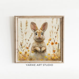 Spring Rabbit in Wildflower Field Painting, Easter Print, Farmhouse Bunny Painting, Square Print, Rustic Cottage Decor, Animal Wall Art, 587