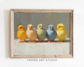 Easter Chicks Oil Painting Print, Vintage Farmhouse Decor (Digital Download)