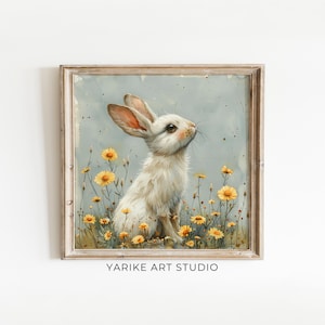 Spring Bunny Rabbit in Wildflower Field Printable, Spring Decor, Square Farmhouse Print, Vintage Rabbit Painting Spring Print Art 590