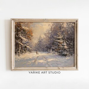 Winter Forest Oil Painting Print, Snowy Cottage Decor (Digital Download)