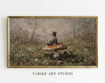 Leprechaun on Mushroom Samsung Frame TV Art | Vintage Irish Folklore | St Patrick’s Day