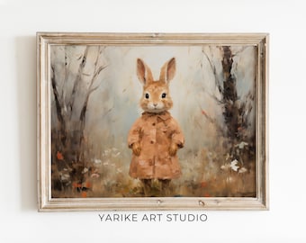 Easter Bunny Print, Rustic Cottagecore Animal Art (Digital Download)