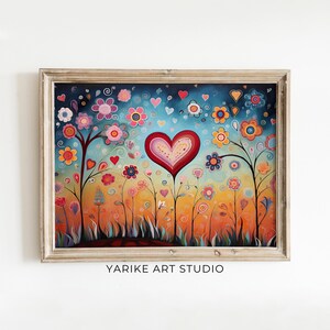 Valentines Day Heart Landscape Painting | Valentines Day Gift | Valentines Folk Wall Art | Valentines Day Decor | Folk Art Prints | 352-AI
