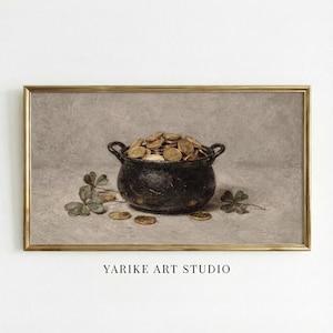 May include: A framed print of a black pot overflowing with gold coins, with scattered coins and shamrocks. The artwork has a vintage aesthetic, with the text "YARIKE ART STUDIO" at the bottom.