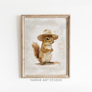 May include: A watercolor painting of a squirrel wearing a straw hat. The squirrel is brown and has a bushy tail. The background is a light gray with a watercolor texture.