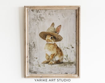 Rustic Easter Bunny Print, Cottagecore Animal Wall Art (Digital Download)
