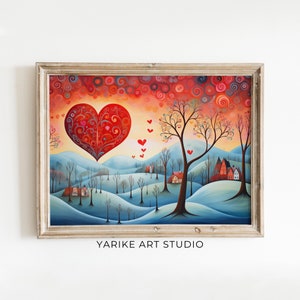 Valentines Day Winter Landscape Painting | Valentines Day Gift | Valentines Folk Wall Art | Valentines Day Decor | Folk Art Prints | 372-AI