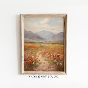 Printable Wildflower Field Landscape Vintage Painting, Light Spring Decor Farmhouse Print Neutral Wall Art Spring Art Digital Download, 613