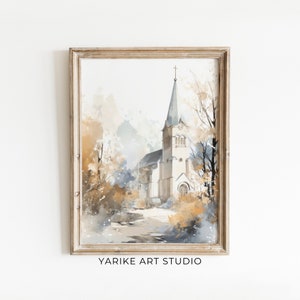 Iglesia rústica acuarela pintura otoño decoración vintage otoño impresión paisaje cambiante pintura granja decoración iglesia Ai pared arte digital 416
