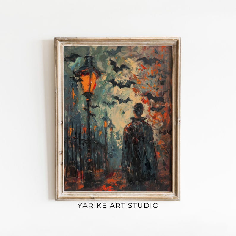 Nightfall City Vampire Painting, Flying Bats Painting, Abstract Horror