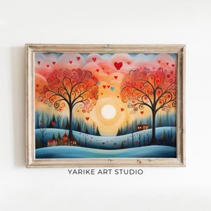 Valentines Day Winter Landscape Painting | Valentines Day Gift | Valentines Folk Wall Art | Valentines Day Decor | Folk Art Prints | 357-AI